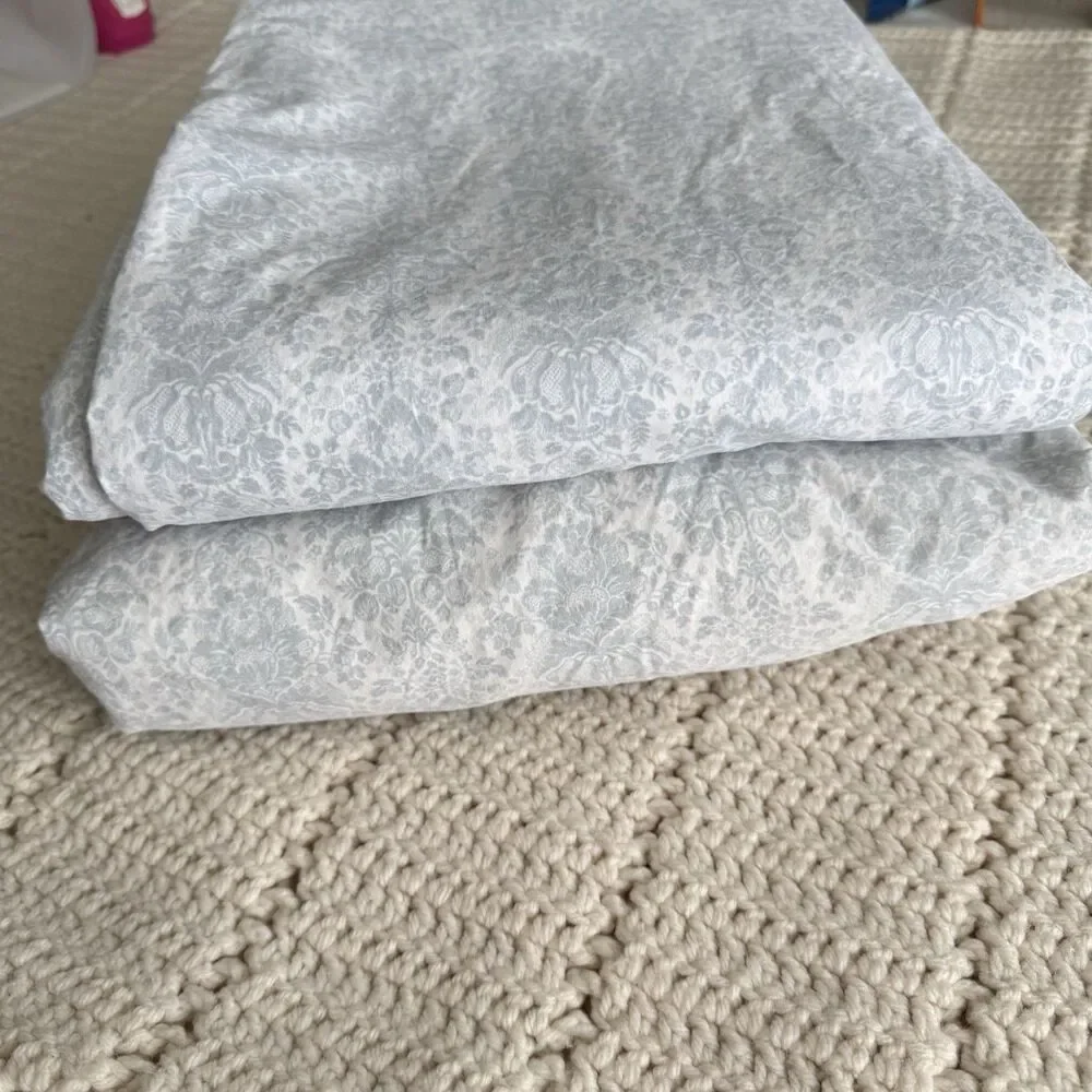 Lauren Ralph Lauren Queen Blue White Damask Fitted & Top Sheet Set 100% Cotton